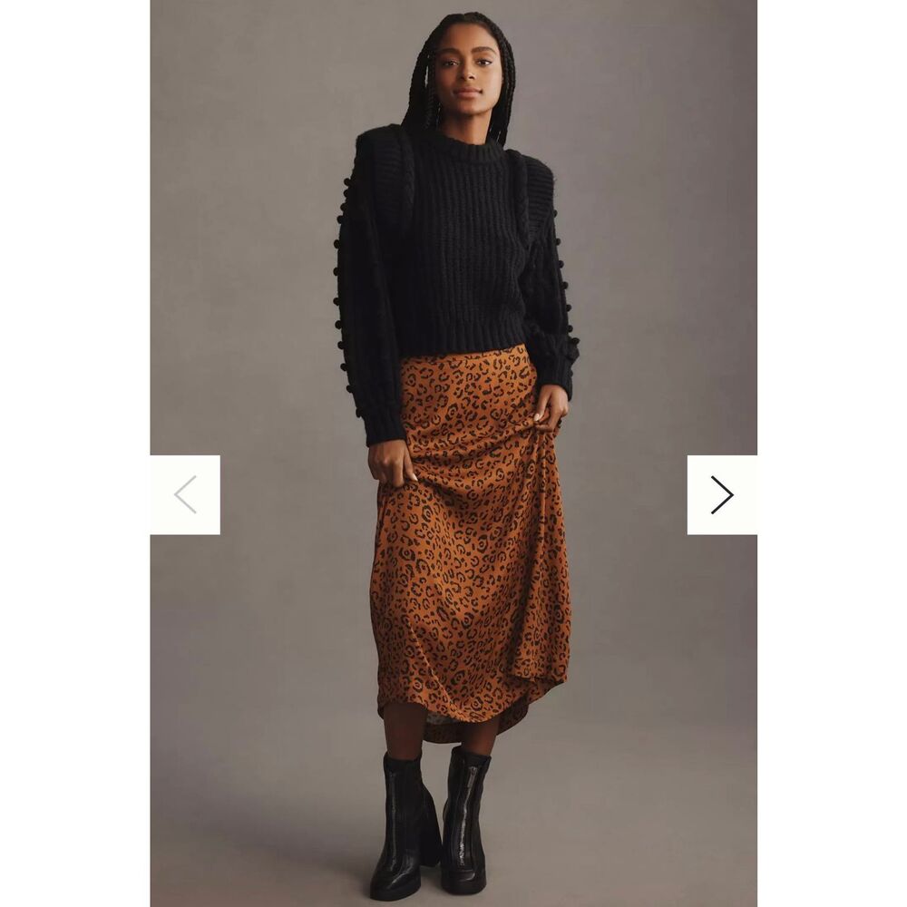 Farm Rio Leopard Print Midi Skirt Satin Slip Brown Size L